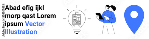 Business strategy, technological innovation, location services, creative process, professional planning, modern technology. A lightbulb, person holding a tablet and a location pin. Business strategy