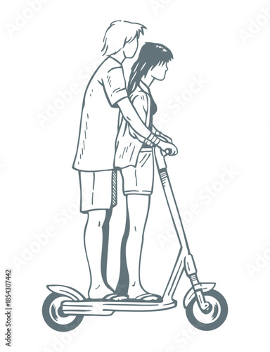 Hand-drawn illustration of a couple on an electric scooter.
