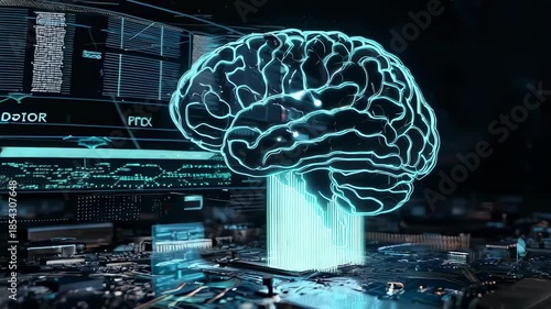 A digitally rendered brain hologram is prominently displayed against an intricate backdrop of circuit board patterns, symbolizing advanced artificial intelligence technology and neural networks in a f