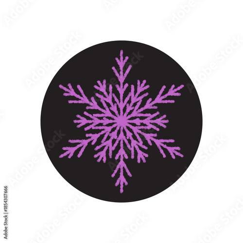 Round purple snow flake sticker in crayon style. Winter ornament as icy snowflake element on black label with patch emblem look, cold season, christmas and box decoration.