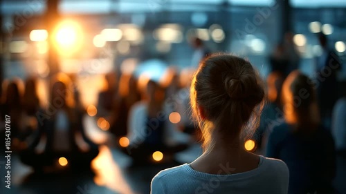 Faceless many people in lotus position defocused meditation ceremony background group spiritual practice collective mindfulness meditation gathering peaceful ritual