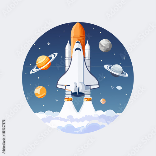 Modern Space Shuttle Launch Vector Illustration with Orbiting Planets and Futuristic Space Exploration