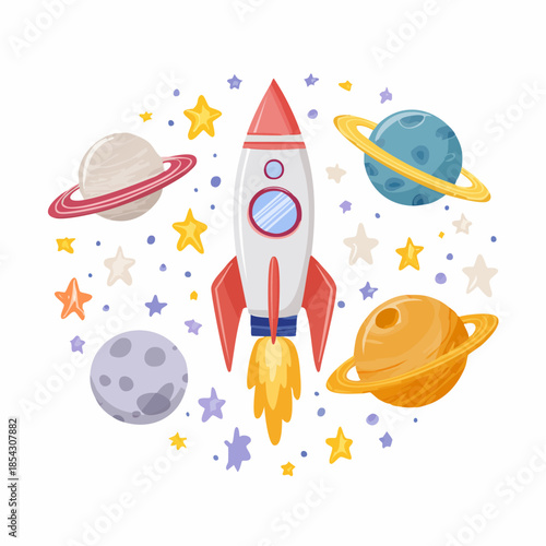 Cute Colorful Space Rocket and Planets Flat Vector Illustration for Kids Education