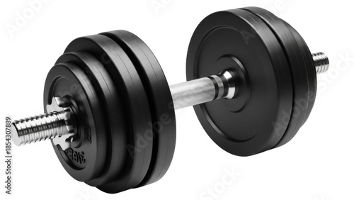 Black dumbbell with multiple plates isolated PNG, adjustable weight training equipment for fitness, bodybuilding and strength exercises