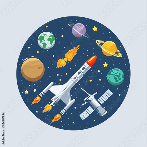 Flat Vector Space Illustration with Rocket, Planets, Stars and Satellite Icon Set