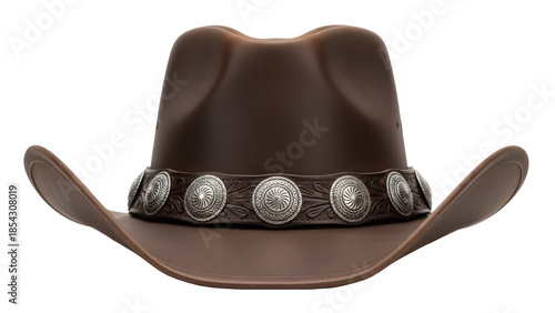 Brown leather cowboy hat isolated PNG on transparent background, western fashion headwear for costume and design use