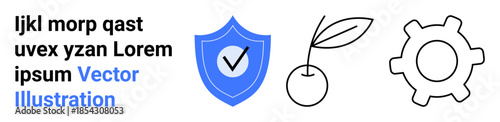 Digital security, food industry, agriculture, technology, design templates, creative branding. Blue shield with checkmark, cherry with stem gear icon. Security and food industry concepts