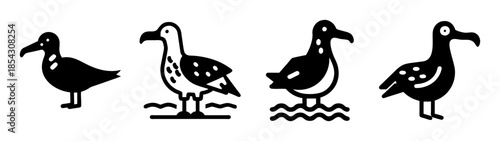 Four stylized black and white bird illustrations of heron or egret standing in water design