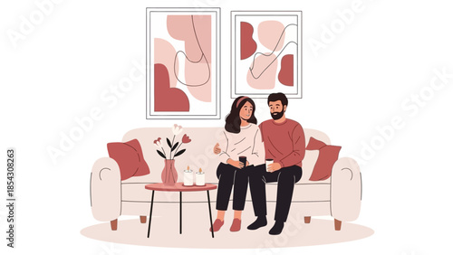 Couple sitting together on a couch in a cozy living room with abstract art on the walls