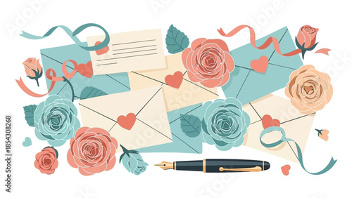 A collection of envelopes, roses, and a fountain pen on a white background