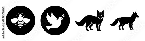 Black and white vector art featuring bee, dove, and fox illustrations for graphic design use