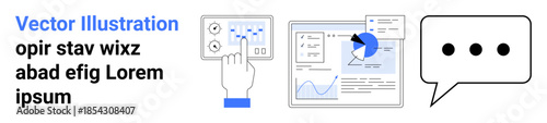 Data analysis, analytics dashboard, user interaction, digital communication, reporting tools, teamwork. A hand interacting with an interface, charts and a speech bubble. Data analysis and analytics
