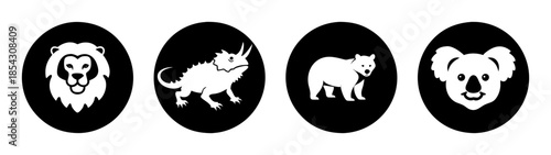 Black and white animal silhouettes lion dinosaur wolf koala vector illustration graphic design art