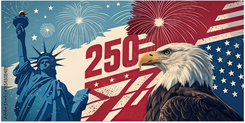 American independence anniversary poster with bald eagle statue of liberty and fireworks.