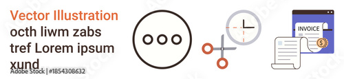 Business planning, finance management, task organization, invoicing, time tracking, digital transformation. Scissors, clock and invoice icons with navigation circle. Finance management and invoicing