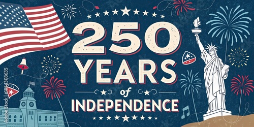 250 Years of Independence American celebration poster with Statue of Liberty fireworks and USA flag.