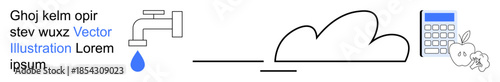 Sustainability, technology, education, health, resources, minimalism. Faucet with droplet, cloud calculator apple line art. Sustainability and technology concepts in minimal line design