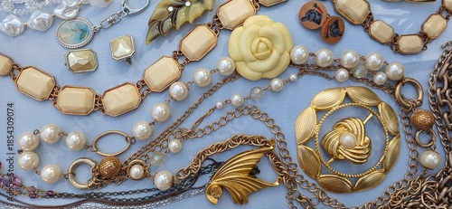 Schilderij op canvas Second-hand jewelry arrangement in wave pattern on neutral background
