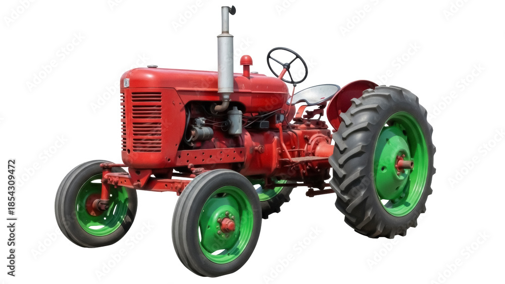 Obraz premium Vintage red tractor PNG isolated on transparent background, antique farm vehicle for agriculture and farming themes