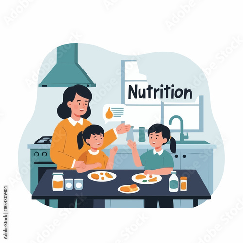Mother educating children about healthy nutrition and balanced eating concept during mealtime in a modern kitchen