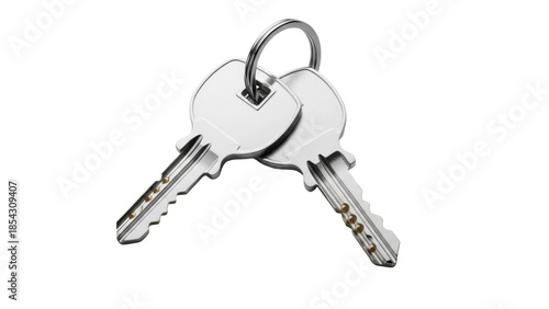 Two silver keys with ring isolated on transparent background PNG, security and access concept for design projects and presentations