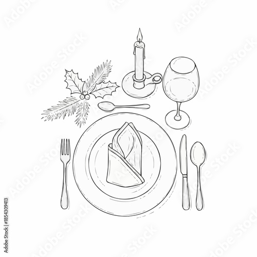 Elegant Christmas dinner table setting with festive holly and candlelight for holiday celebration concept and fine dining illustration