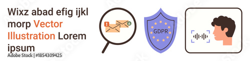 Data privacy, online security, GDPR compliance, facial recognition, email communication, identity verification. Shield with GDPR text, magnifying glass over envelopes, face with recognition lines