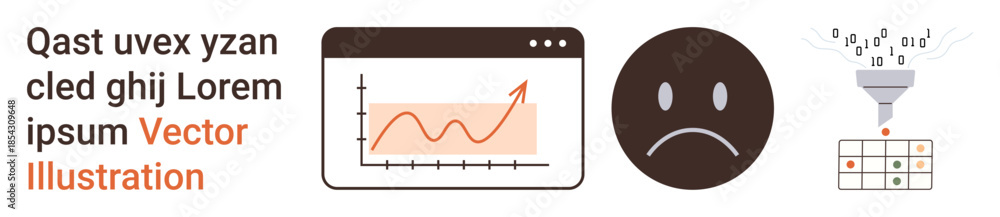 Fototapeta premium Analytics, data visualization, business performance, emotional response, data filtering, marketing metrics. Graph with a trend line, sad face data funnel. Analytics and data visualization concept