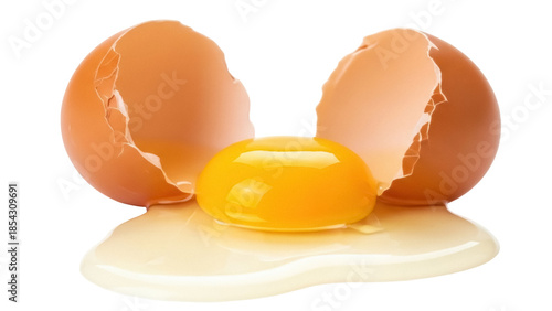 Cuadro en lienzo Cracked egg with yolk isolated on transparent background, broken shell with raw