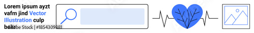 Internet exploration, healthcare concepts, digital transformation, online connectivity, research, creative workflow. Search bar, heartbeat and an image. Internet exploration and healthcare concepts