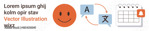 Language services, translation tools, productivity, time management, global communication, multilingual learning. happy face, language icons linked by arrows and calendar with alert. Translation