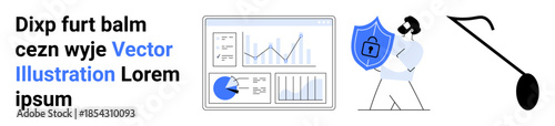 Charts with data insights, person holding a shield with a lock for security, and a connection icon. Ideal for data analysis, cybersecurity, technology, protection, digital solutions, online services