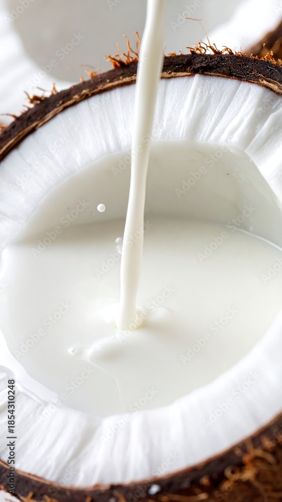 custom made wallpaper toronto digitalFresh white coconut milk being poured into a halved coconut shell, highlighting its creamy texture.