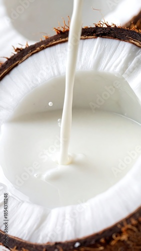 Wallpaper Mural Fresh white coconut milk being poured into a halved coconut shell, highlighting its creamy texture. Torontodigital.ca