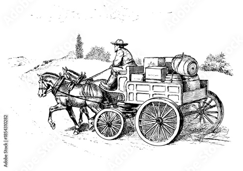 horse drawn wagon with goods heading over a hill on a rural road
