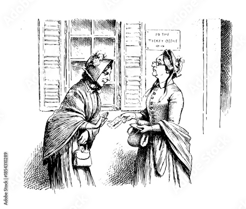 Two Ladies one with tickets, dressed prim and proper.