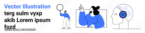 Person holding bubble, another pointing to a screen, head with AI symbol. Ideal for AI, innovation, teamwork, creativity, collaboration, future tech simple landing page