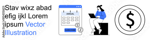 Subscription payments, financial planning, digital services, e-commerce, budgeting, fintech. Calendar with subscribe button, woman with laptop dollar icon. Subscription payments and financial
