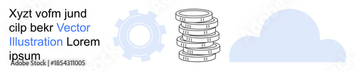 Cloud computing, data storage, technology process, business operations, digital tools, innovation. Gear icon, stack of coins and cloud graphic. Cloud computing and data storage concept