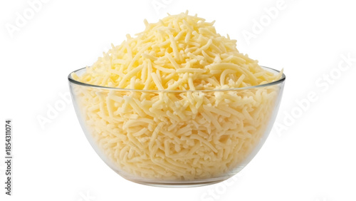 Photos Pile of shredded cheddar cheese in glass bowl isolated PNG, ingredient for cooki