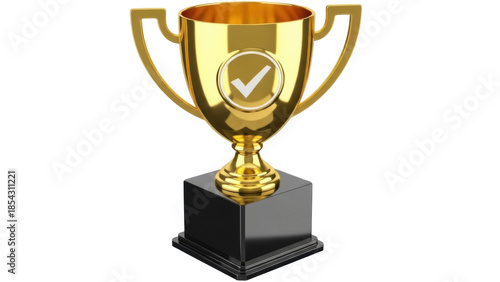 Golden trophy cup with check mark isolated PNG, award for success and achievement on transparent background, victory symbol for graphic design