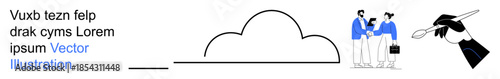 Cloud computing, business collaboration, teamwork, education, graduation, abstract design concepts. Features a cloud outline, two individuals shaking hands and a graduation cap. Cloud computing