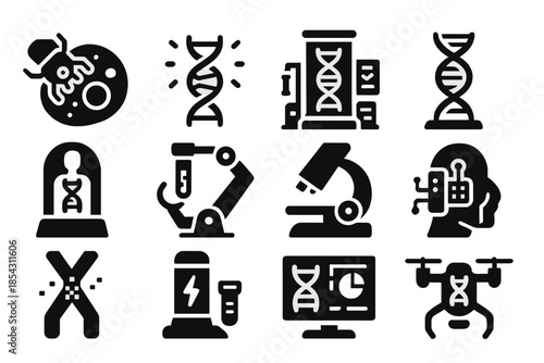 Futuristic Genetics Icons. Solid style icons of futuristic genetics: nanobot repairing cell, glowing genome, futuristic laboratory