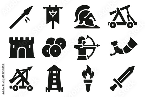 Ancient Battle Icons. Solid style icons of Ancient Battlefields: Broken Spear, War Banner, Fallen Helmet, Catapult, Fortress Wall,
