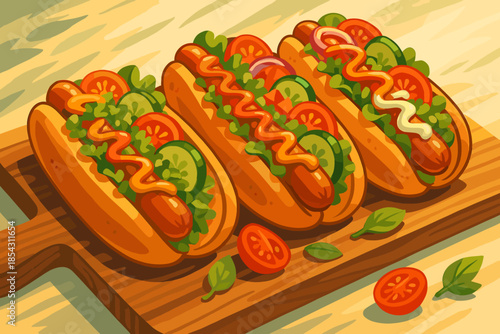 Gourmet Hot Dog Feast. Gourmet hot dogs topped with fresh vegetables and sauces resting on a wooden board, vector illustration
