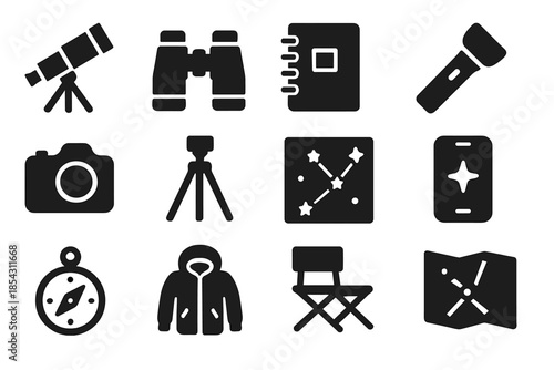 Amateur Astronomy Icons. Solid style icons of Amateur Astronomy: Telescope, Binoculars, Notebook, Red Flashlight, Camera, Tripod,