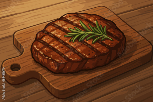 Grilled Steak Delight. Freshly grilled steak garnished with rosemary vector illustration and served on a rustic wooden board, rich