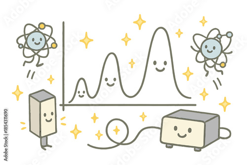 Playful Isotope Lab. Cute doodle isotope identification with smiling gamma peaks on a chart, tiny cartoon atoms jumping, detectors