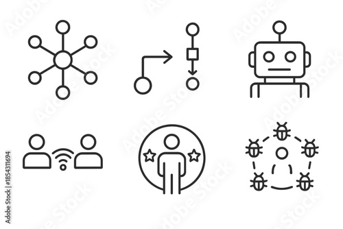 Decentralized Control Icons. Line style icons of Decentralized Control: node network, local rule diagram, robot with antenna, peer
