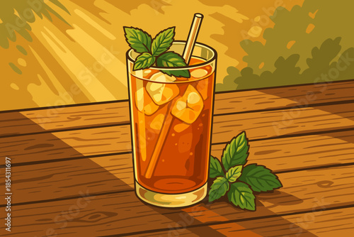 Iced Tea Bliss. Rustic wooden table set with iced tea garnished vector illustration with fresh mint, illuminated by golden